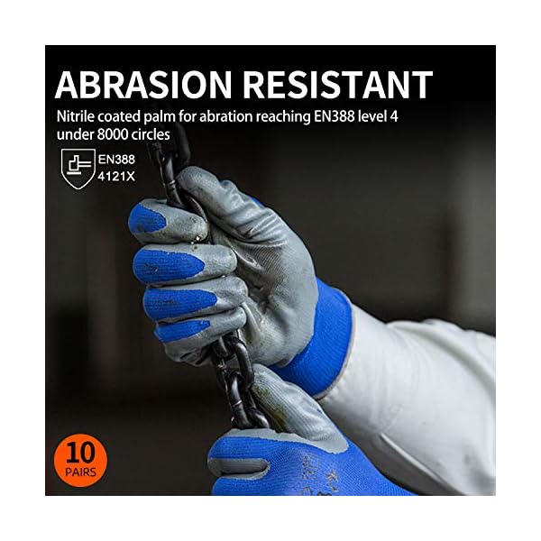 Vgo 10 Paare Nitrilbeschichtung Handschuhe, Gartenarbeit, Fisch und Arbeitshandschuhe, ökonomisch (10/XL, Blau, NT2110) – Bild 3