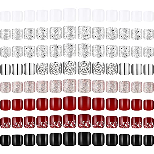 192 Pieces 8 Set Press on Toenails Fake Toe Nails Tips Kit Glue on Toes