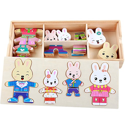 callm Educational Toy,Cartoon 4 Rabbit Bear Dress Changing Jigsaw Puzzle Wooden Toy (B) - Thumbnail 6