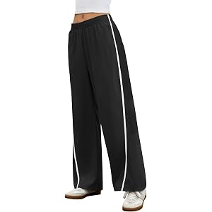 Women's Baggy Wide Leg Track Pants Side Stripe Parachute Pants with Pockets | Y2K Workout Casual Loose Lightweight Contrast C