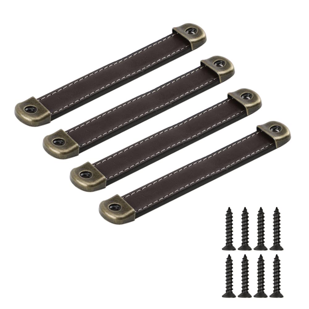 SYDARSYN 4 Pcs Handmade Leather Handles Furniture Kitchen Drawer Pull Wardrobe Cabinet Door Handle Vintage Soft Leather Handles for Cupboard Pulls Drawer Knobs 128mm
