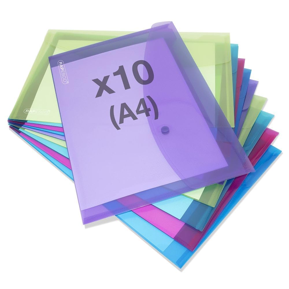 Rapesco 1665 ECO Recycled Popper Wallets, A4+, Assorted Bright Transparent Colours, Pack of 10