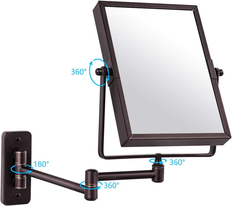 Qimh Wall Mounted Makeup Vanity Mirror, 8x6 Inch Rectangular 3X Magnifying with Extendable Arm, Bronze Double-Sided Swivel Mirror: Furniture & Decor