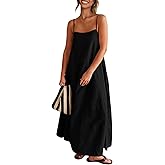 Senllen Women's Linen Dress Summer Loose Flowy Sundress Contrast Spaghetti Strap Sleeveless Backless Beach Maxi Long Dresses