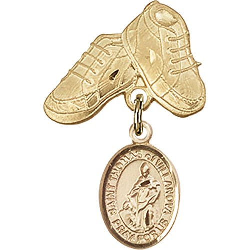 Gold Filled Baby Badge with St. Thomas of Villanova Charm and Baby Boots Pin 1 X 5/8 inches
