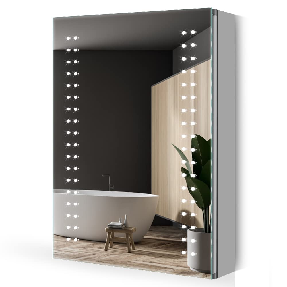 Quavikey® LED Illuminated Bathroom Mirror Cabinet wtih Shaver Socket, Mirror Stroage with Anti-Fog Demister for Bathroom, Dimmable Lighting for Makeup and Shaving, Adjustable Shelf, 500 x 700mm