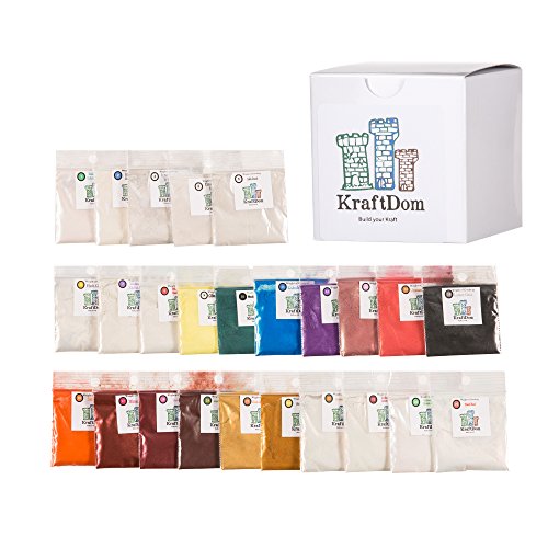 Mica Powder - Bath Bombs and Soap Making Supplies - 26 pack with 25 Colors with Iridescent Colors and 1 Random FREE Bonus Color. For DIY Soap Making Kit - Resin Dye - Soap Molds - Slime.By KraftDom Mica Powder - Bath Bombs and Soap Making Supplies - 26 pack with 25 Colors with Iridescent Colors and 1 Random FREE Bonus Color. For DIY Soap Making Kit - Resin Dye - Soap Molds - Slime.By KraftDom