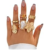 IQPDYV Chunky Gold Rings for Women Non Tarnish Stackable Baroque Pearl Flower Knuckle Rings Set Aesthetic Silver 6Pcs Trendy Dainty Open Midi Ring Set Jewelry Gifts