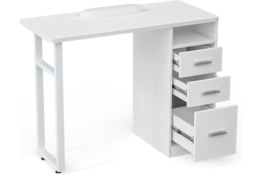 Charmmade Professional White Nail Salon Desk with Drawers for Nail Tech- Acetone Resistant Manicure Table, Adjustable Height Beauty Station with Wrist Rest for Home & Spa Use (White)