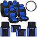 Blue BDK Combo Fresh Design Matching All Protective Seat Covers (2 Front 1 Bench) Ergonomic Steering Cover (1 Piece) Heavy Protection Sleek Graphic Auto Carpet Floor Mats (4 Set)