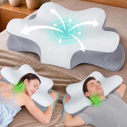 Hypuno Orthopädisches Nackenstützkissen gegen Nackenschmerzen, Ergonomisches Memory Foam Kopfkissen, Höhenverstellbares Schmetterlingskissen mit kühle