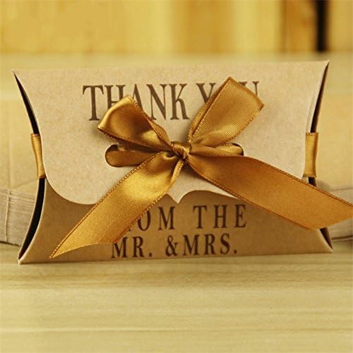 Xiaolanwelc 25pcs Mr&Mrs Thank You Kraft Paper Pillow Favor Gift Box Wedding Party Favor Gift Candy Box Paper Gift Box Bags With Ribbons