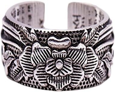 preeyanan Alloy Silver Opening Ring Men Women Lotus Heart Sutra Buddhist Lucky Gift