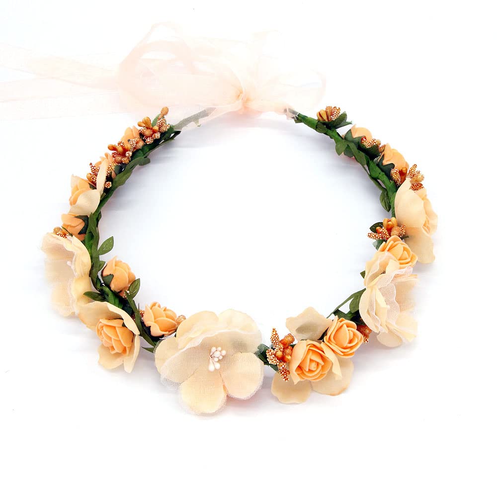 Flower Wreath, Garland Headpiece, Simulation Flower Crown Headband, Girls Headband for Hat Decoration Party Festival Beach Travle Wedding Accessories (Orange)