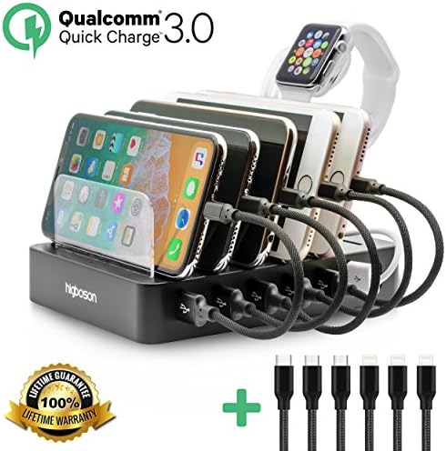 Fast Charging Station Smart 6-Port USB Multiple Docking Organizer iWatch Holder for iPhone iPad Samsung Galaxy Tablet Kindle Speaker Smartphones Apple Watch by higboson (6 Short Cables Included)