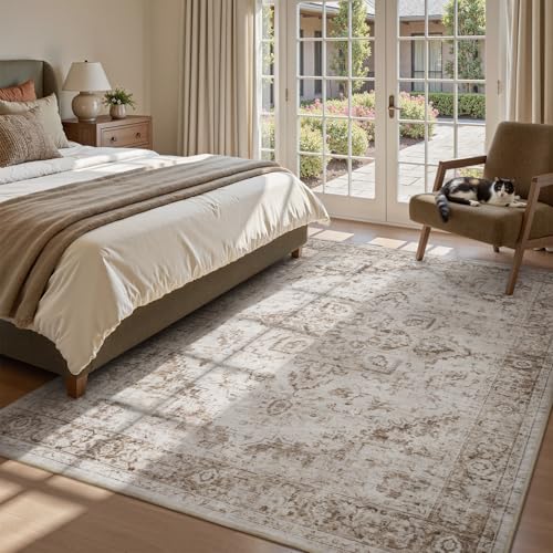 PADOOR 5×7 Area Rug for Living Room, Machine Washable Soft Large Bedroom Rug, Non-Slip Durable Low Pile Vintage Rug, Easy Clean Indoor Carpet for Hall, Kitchen, Dorm, Nursery, Office in Beige