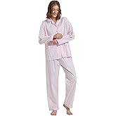 GLOBAL Women's 100% Cotton Pajama Set|Long-Sleeved with Pants PJs |Button Down Front Top&Drawstring Waist Bottom Nightwear