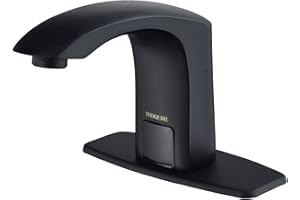 BODQEMR Automatic Sensor Touchless Bathroom Sink Faucet Black Single Hole Hands-Free Battery Powered Solid Brass Faucet with Deck Plate, Control Box and Temperature Mixer