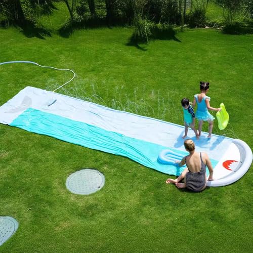 Water Slides for Garden Inflatable,WDKXCN 550 * 145cm Slip and Slide Water Slide for Kids, Inflatable Lawn Water Slide with 2 Bodyboards, Double Waterslide for Outdoor,Built-in Sprinkler,Shark Style