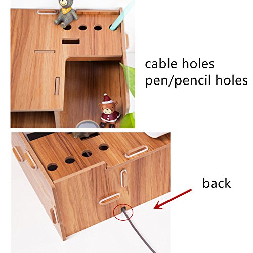 MineDecor Wood Desk Organizer with Drawer Trays Office Desktop Organizers Computer Holder Monitor Stand Riser Laptop Cellphone Printer Stand, Black