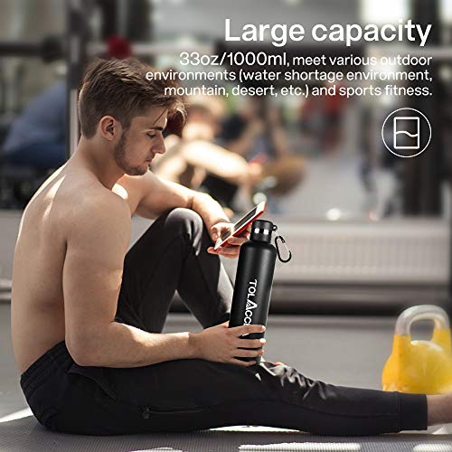 Tolaccea Bottiglia d\'Acqua in Acciaio isolata Bottiglia d\'Acqua Sportiva a Doppia Parete da 33 Once Bottiglia d\'Acqua a Bocca Larga Borraccia Termica da Viaggio Senza BPA Nero
