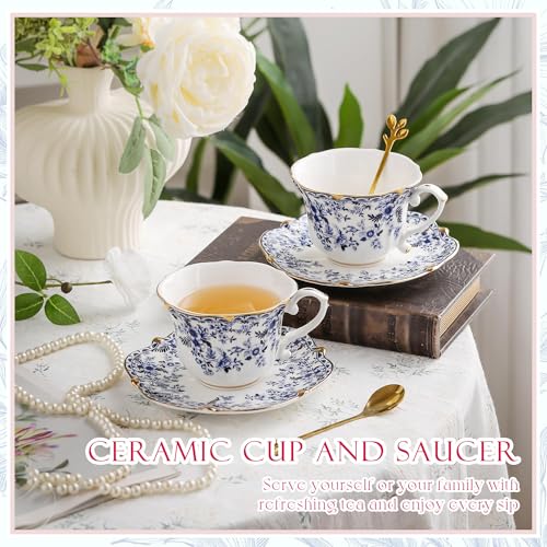 2PCS 250ml Tea Cup and Saucer Set, 8oz Floral Blue Porcelain Coffee Cups for Tea, Cappuccino, Latte, Elegant Vintage Bone China Tea Set for Home or Gift