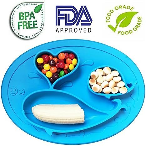 Deelish Baby Plate for Toddlers, Silicone Placemat for Kids, BPA Free, Non-Slip, 3 Compartments, Blue