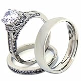 Lanyjewelry His Hers Couples Ring Set Womens Round CZ Stainless Steel Wedding Ring Set Mens Matching Band