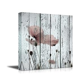 Canvas Prints Wall Art - Poppy Flower on Vintage Wood Board Stretched Canvas Wrap Ready to Hang - 12" x 12"