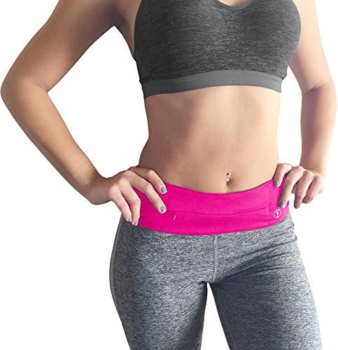 Fitness Running Belt Waist Pack - by Perdy Body Reversible Money Belt Fanny Pack for Phone, Money, Passport, Running, Hiking, Gym, Yoga, Travel (Pink - Water Resistant, Medium)
