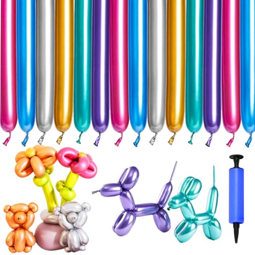 WENAUANG 100 Pieces Long Metallic Balloons, Balloon, Balloon Shapes with Balloon Pump, Magic Latex Balloons for Animals, Parties, Birthdays, Decoration and DIY Crafts