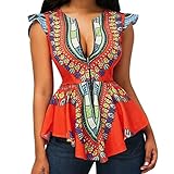 Luckylin Dashiki Shirts for Women African Front Zipper Summer Sexy Bright Orange Printed Cap Sleeves Peplum Top Blouse