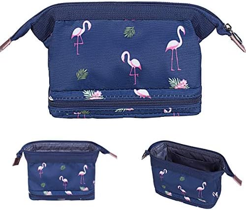 Makeup Bag/Travel Cosmetic Bags/Brush Pouch Toiletry Kit Fashion Women Jewelry Organizer with Zipper Make Up Carry Case Pencil Holder Portable Cube Purse (Navy Blue Flamingo)