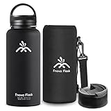 32 oz Stainless Steel Water Bottle, Fnova Flask Insulated Double Walled Vacuum Thermos, Wide Mouth bouns Protective Pouch/Carry Cover and Coffee Lid, BPA-Free, Cold 24 Hrs / Hot 12 Hrs (32oz Black)