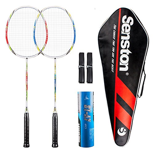Senston Badminton Racket Set Two Pieces Badminton Racquets Graphite Badminton Rackets with Racket Cover 1/2 Dozen Shuttlecock and 2 Overgrips(Random Color)
