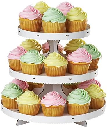 Cupcake Stand Cardboard Disposable 3 Tier Display Tower for Cupcakes, Cake Cones, or Pastries with Bonus Cupcake Decorating Set (White)
