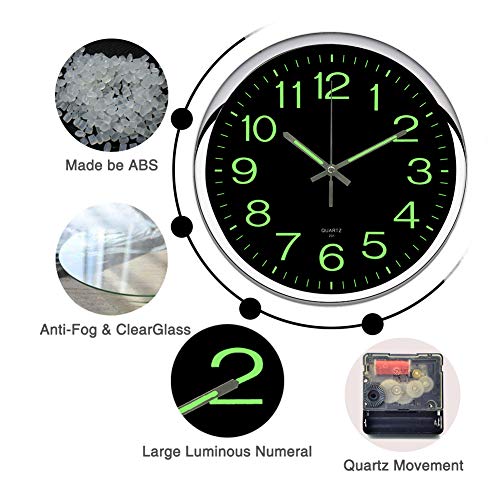 OCEST Wall Clock, 12 Inch Silent Non-Ticking Quartz Wall Clock with Night Light Large Display Battery Operated for Indoor Kitchen Office Bathroom Living Room Garage(Silver)