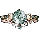 Natural Moss Agate Engagement Rings Set for Women 925 Sterling silver with plated 18k rose gold 2CT Round Green Moon Leaf Art Deco Bridal Wedding Ring Set
