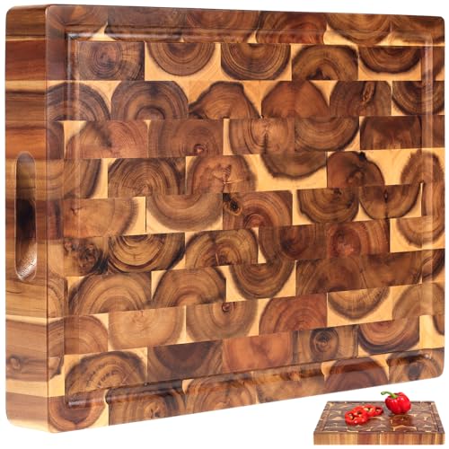 XL Acacia End Grain Wood Cutting Board (20x15x1.5in) Acacia Wooden Cutting Board, Butcher Block, Chopping Board - Reversible Multipurpose For Kitchen with Juice Groove, Cracker Holder & Inner Handles.