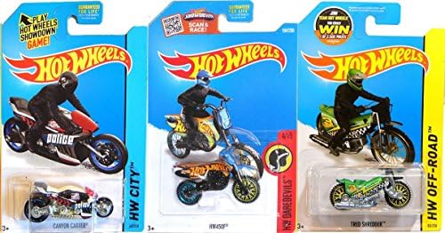 Off Road Cycle Set - Motorcycles 2016 & 15 Hot Wheels HW450F Dirt Bike & Green Tred Shredder Cycle + Canyon Carver Police in PROTECTIVE CASES