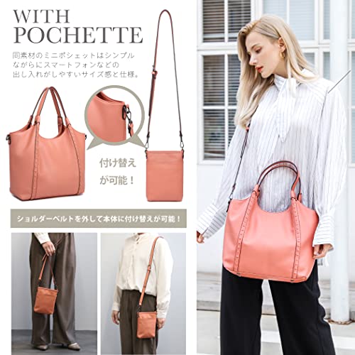 Gusio Italy 171077 Women's Tote Bag, Set of 2 with Pochette, A4 & PC Storage, Shoulder Bag, On-Off Use, High Visibility, PU Leather, Recruitment, Commuting, Business, Women's, coral pink