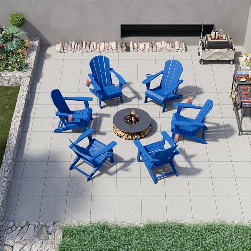 Patio Kingdom Folding Adirondack Chairs with Cup Holders, Set of 6 HDPE Plastic Outdoor Chairs, Weather Resistant, Real Wood Look, Heavy-Duty Patio Furniture for Deck, Fire Pit, Backyard, Blue