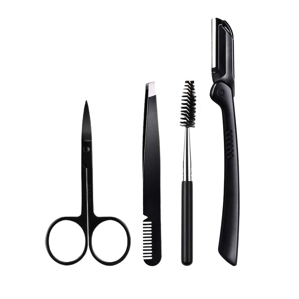 4 PCS Eyebrow Kit - Eyebrow Razor, Eyebrow Scissor, Eyebrow Tweezer, Eyebrow Brush, Eyebrow Grooming Set for Women and Men (Black): Beauty