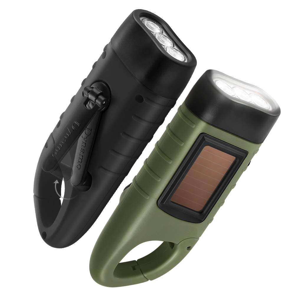 GeeRic 2-Pack Hand Crank Solar Powered LED Flashlight, Emergency Survival Flashlight with Carabiner for Outdoor Sports, Army Green+Black