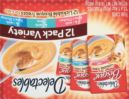 DELECTABLES BISQUE LICKABLE WET CAT TREATS – CHICKEN, TUNA & SHRIMP, 12 COUNT