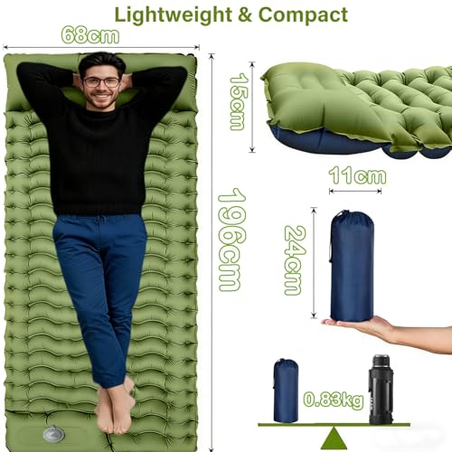 Camping Sleeping Pad, TocsQron Self Inflating Sleeping Mats with Pillow Carry Bag ＆ Built-in Foot Pump, Camping Air Mattress for Beach Backpacking Tent Hiking Traveling Picnic (Green and Blue)