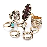 Rings Set;START 8PCS/Set Bohemian Elephant Head Arrow Moon Snack Turquoise Rings (8pcs Gold)