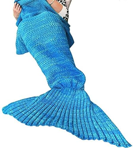 SZXKT Mermaid Tail Blanket Christmas gift For Kids Teens Adult Handmade Wave Mermaid Blankets Crochet Knitting Blanket Seasons Warm Soft Living Room Sleeping Bag Best Birthday gift 74''x35'' (Bule)