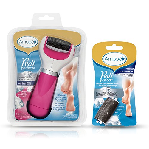 Amope Pedi Perfect Electronic Foot File, Extra Coarse and 2 Replacement Roller Heads, 1 Extra Coarse & 1 Soft Touch (Batteries included)
