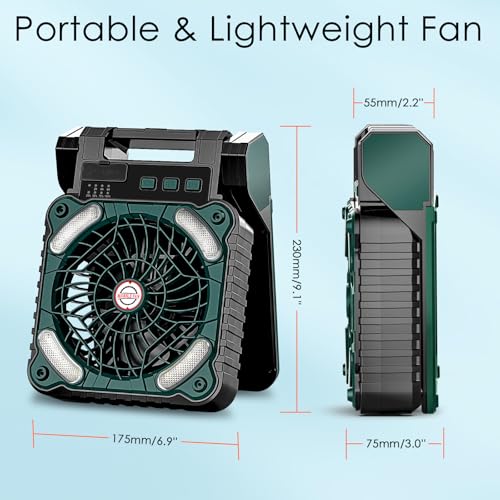 Sendowtek Solar Fan for Camping 10400mAh, Portable Powerful and Quiet 4 Speeds with LED Light and Timer, Rechargeable Battery Fan for Outdoor Tent Camper Travel Table